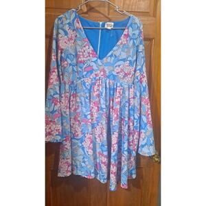 Unique Vintage Medium Blue Pink Flower Wower Floral Babydoll Dress